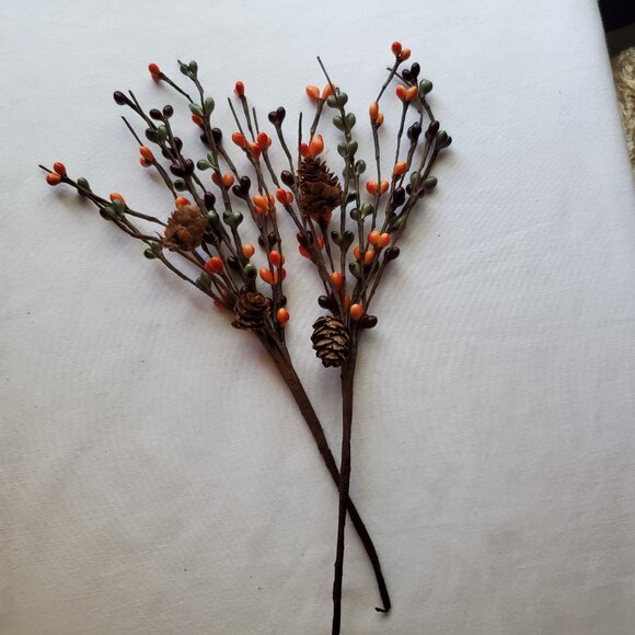 Fall / Autumn Orange, Burgundy, Red, and Green Pip Berry Branches with Pinecones - Picture 3 of 5